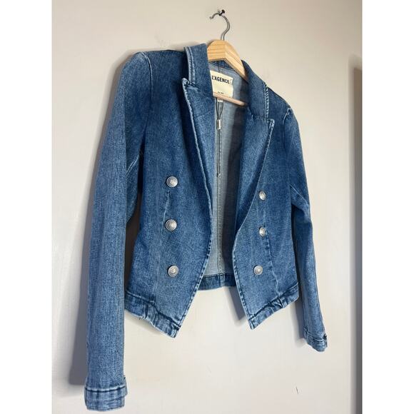 NEW L'AGENCE Ultimate Cropped Open Front Wayne Denim Jacket Blue Size: XS - Picture 3 of 7